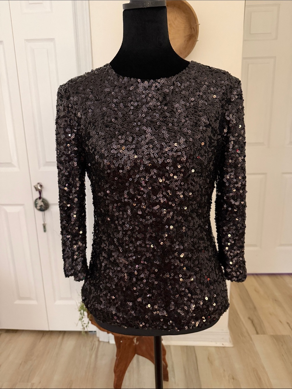 French Connection Black Sequin Long Sleeve Crewneck Top